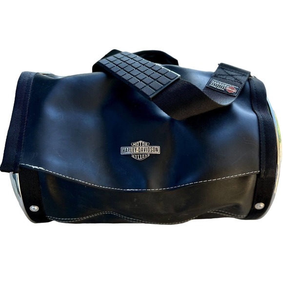 Harley Davidson Chrome Hubcap Leather Travel Duffle Bag - Picture 3 of 4